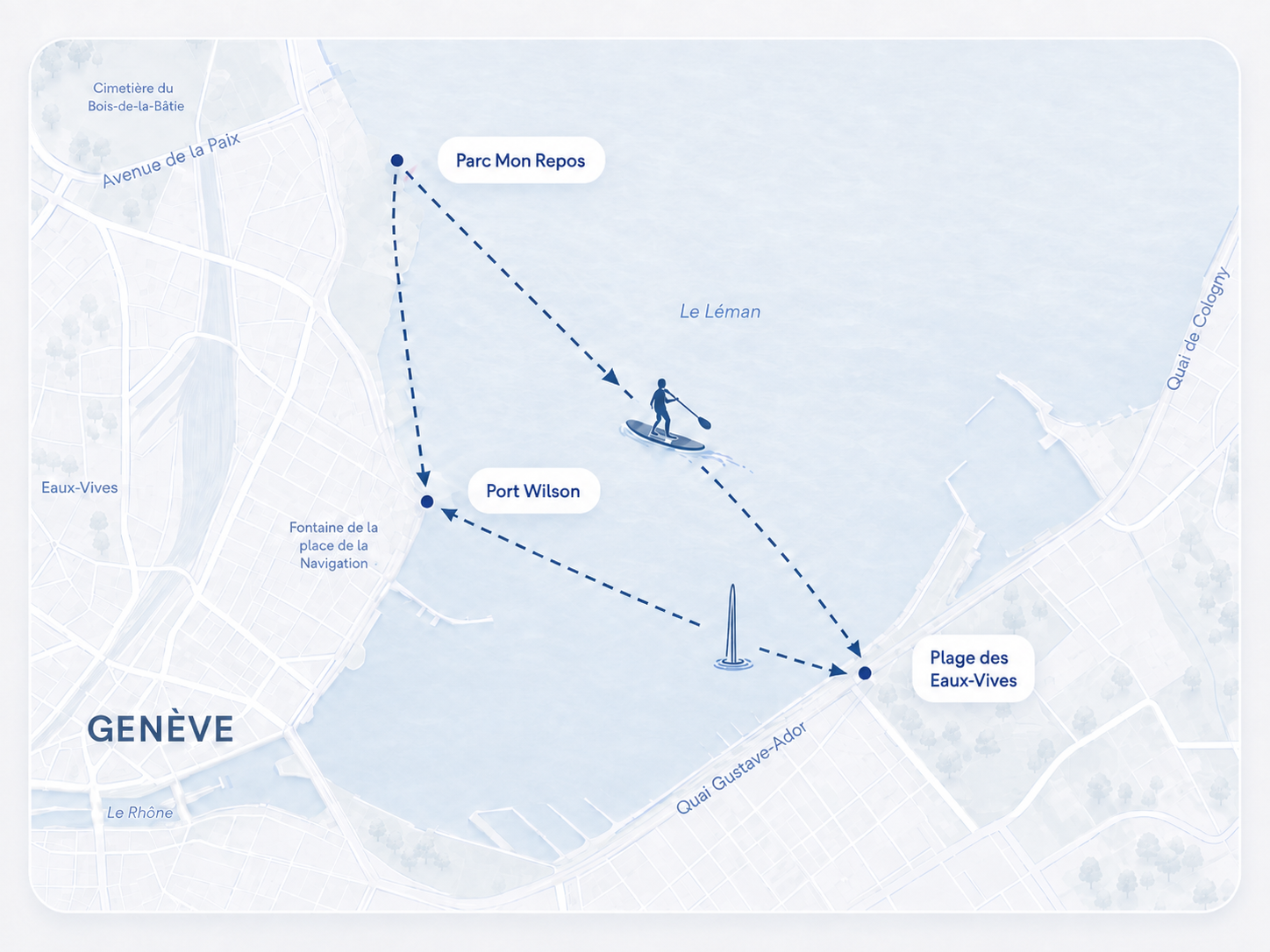 Carte du parcours entre Parc Mon Repos, Plage des Eaux-Vives et Port Wilson sur le lac Léman à Genève